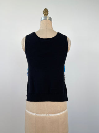 Blue, black and white fringed sleeveless top